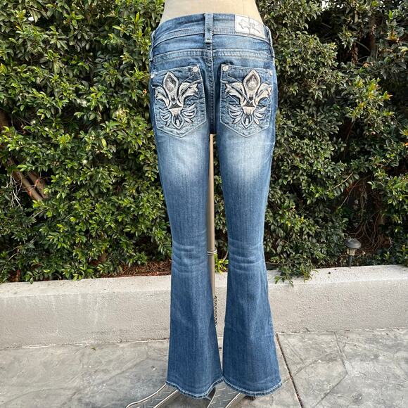 Miss Me Mid Rise EasyBoot Fleur Studded Y2K Blue Denim Jeans 26 - Picture 1 of 9